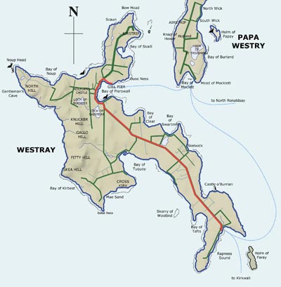 Map of Westray showing bus route